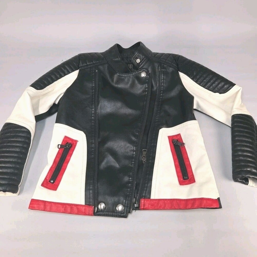 Budermmy Boy's Faux Leather Motorcycle Jack Coat Black Red White Size 5/6